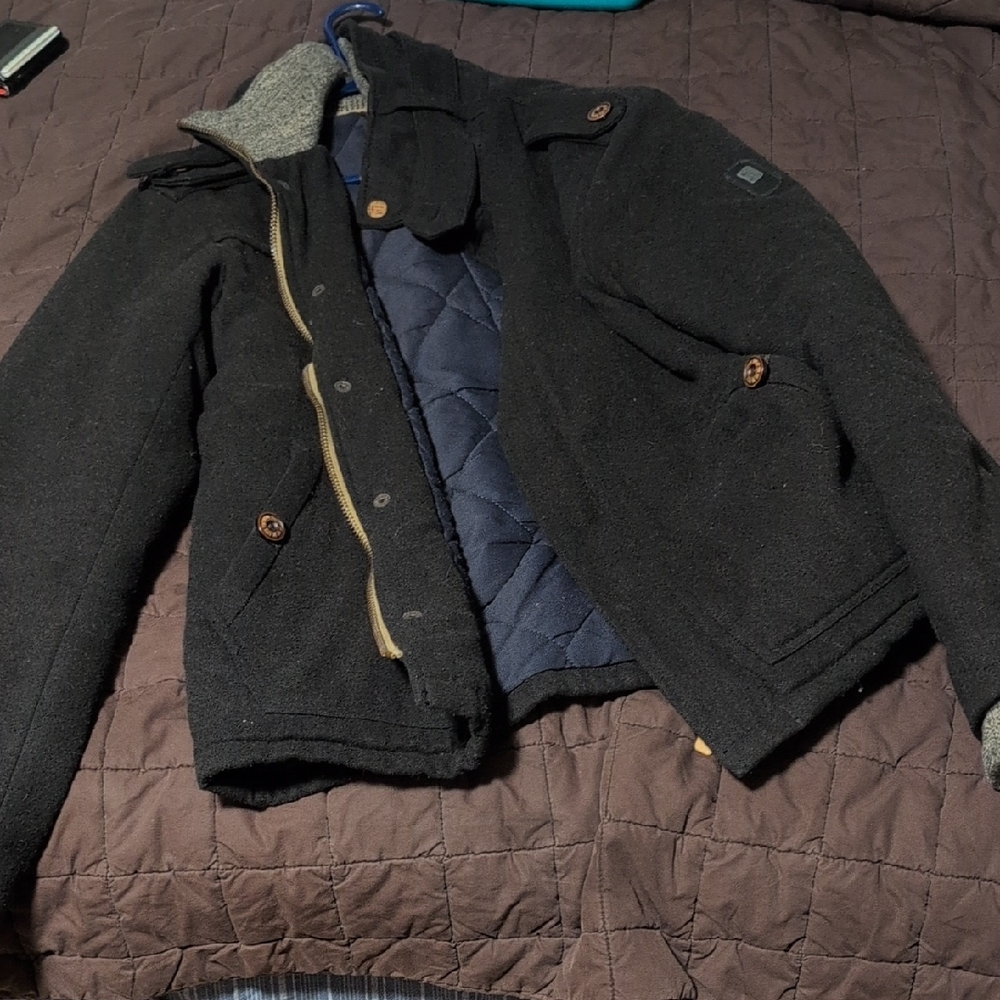 Men's Black Pea Coat with Gray and Navy Accents